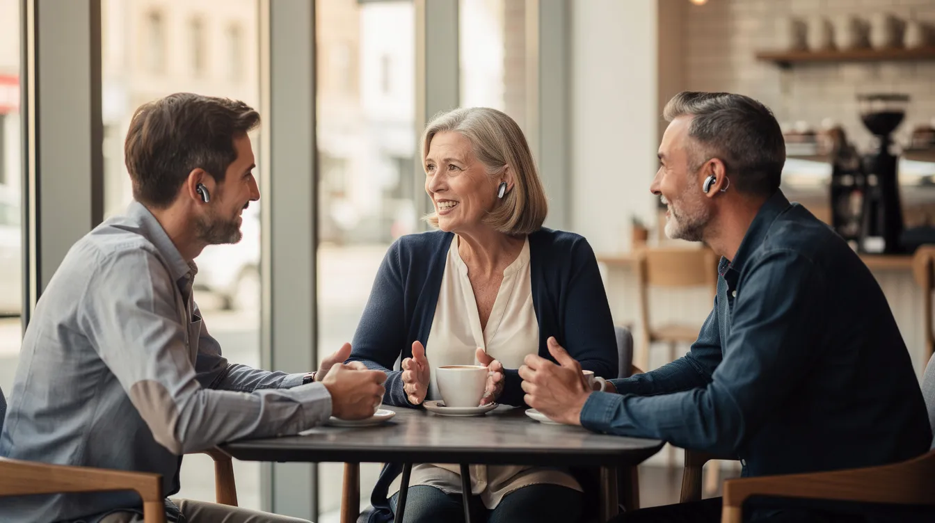 Active woman enjoying clear conversation at a cafe while wearing Clarivo Air hearing support