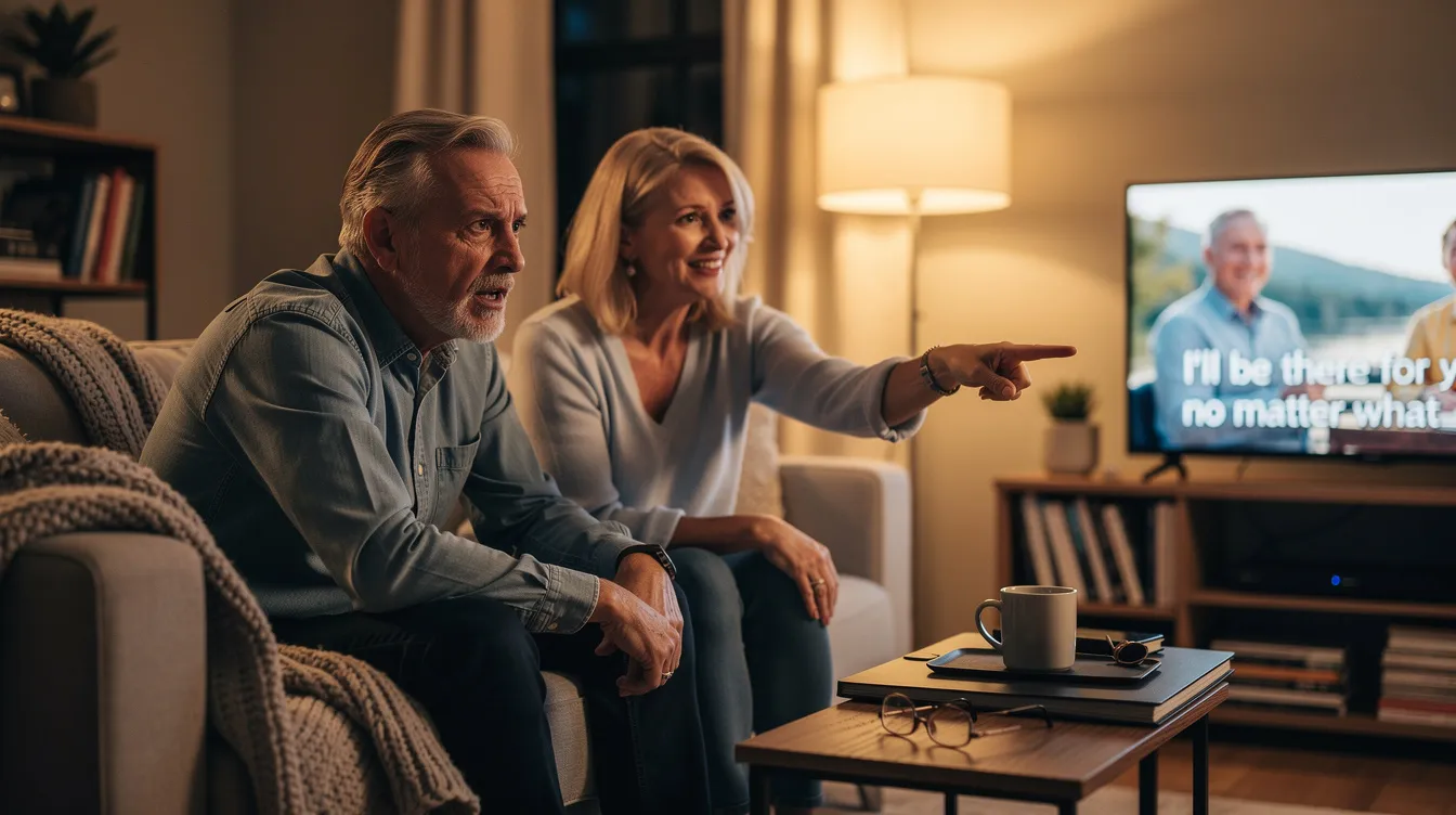 Senior couple watching television at home discussing hearing clarity