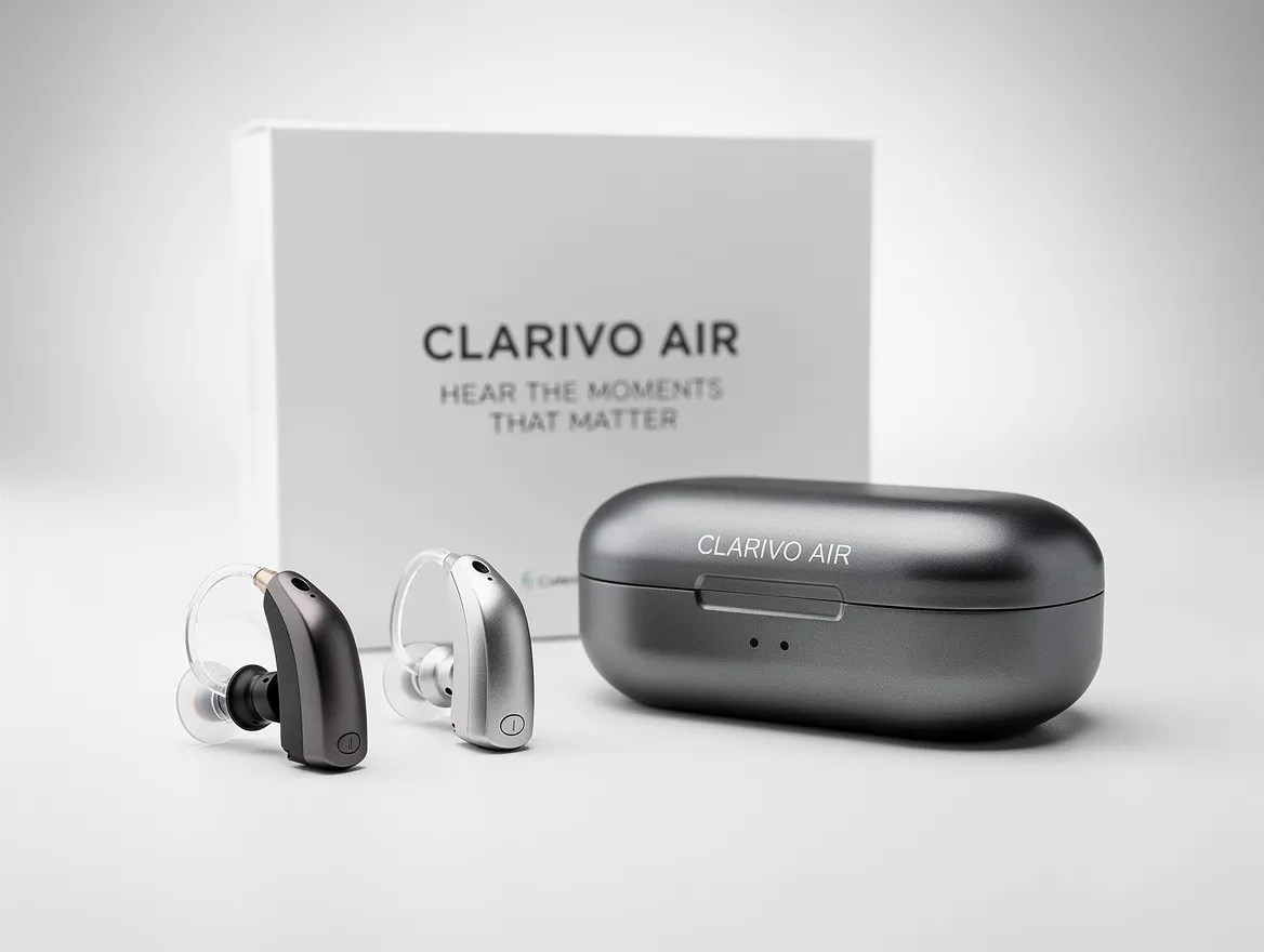 Clarivo Air behind-the-ear hearing support device with charging case